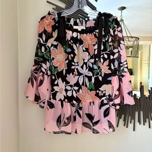 LOFT Cold Shoulder Black and Pink Floral Blouse